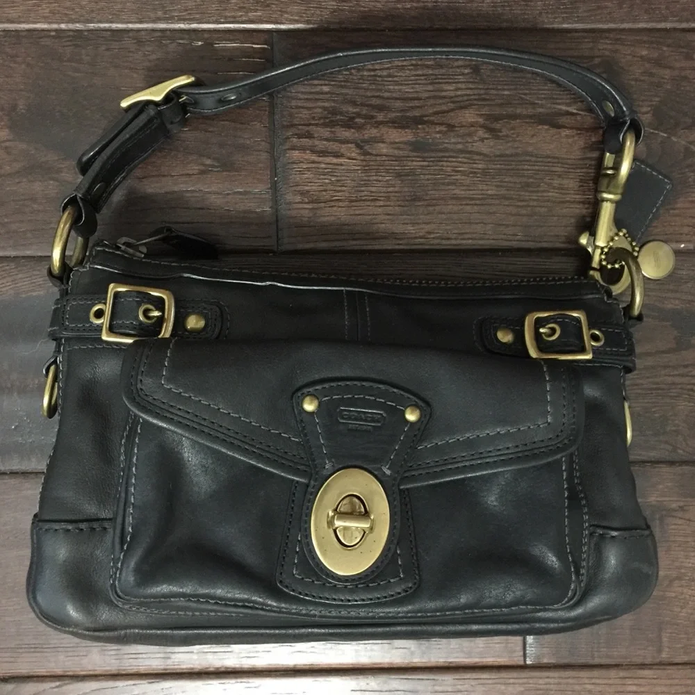 Coach Black Leather Shoulder Bag with Gold Hardware